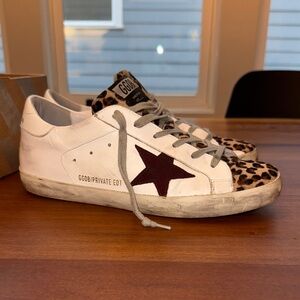Golden Goose Superstar White Leather with Burgundy Star and Leopard